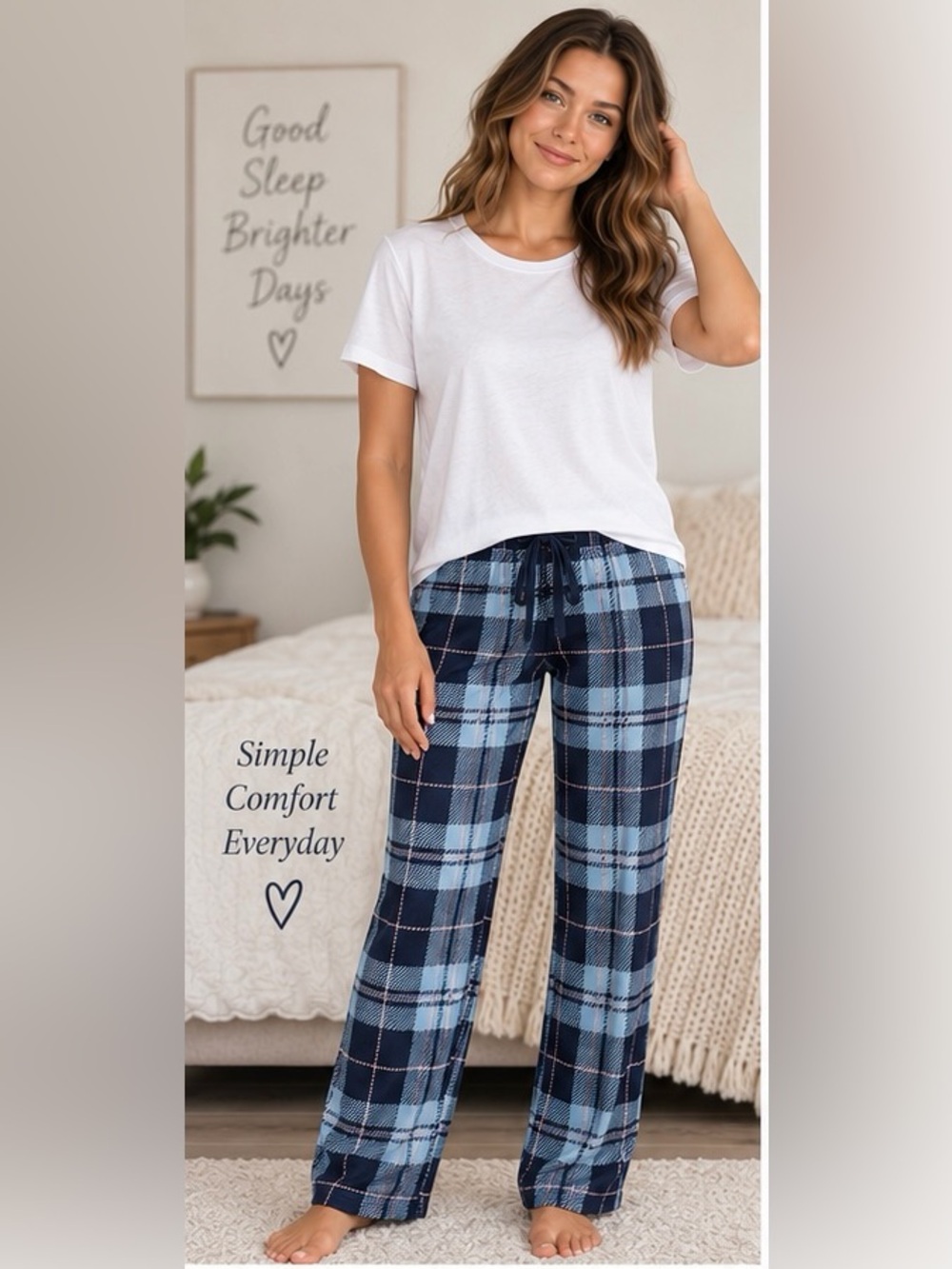 Hale Bob 2-piece sleep/lounge set-white t-shirt & blue&pink plaid pants NWT